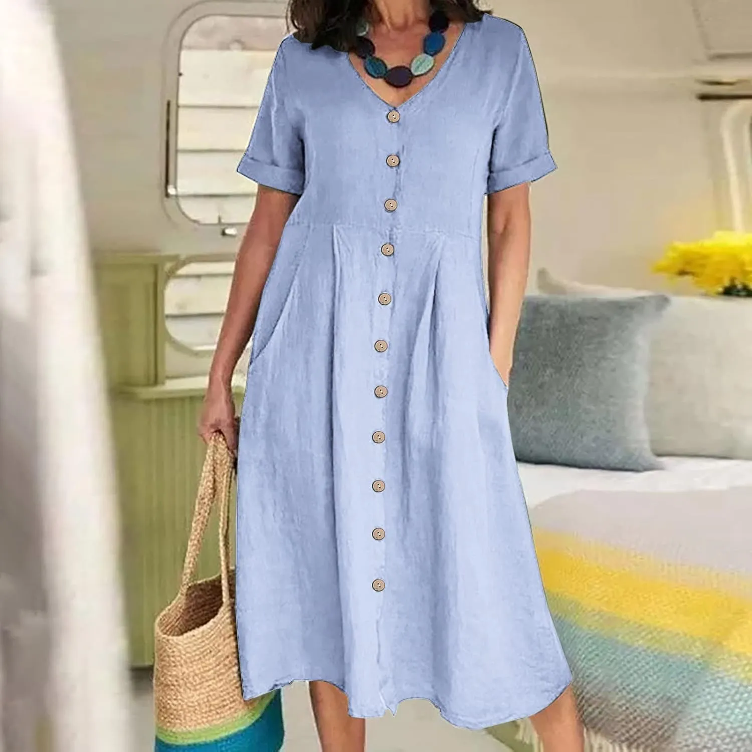Women's V Neck Pleated Summer Dress Trendy Casual Short Sleeve Midi Dresses Loose Comfort Cotton Linen Dress