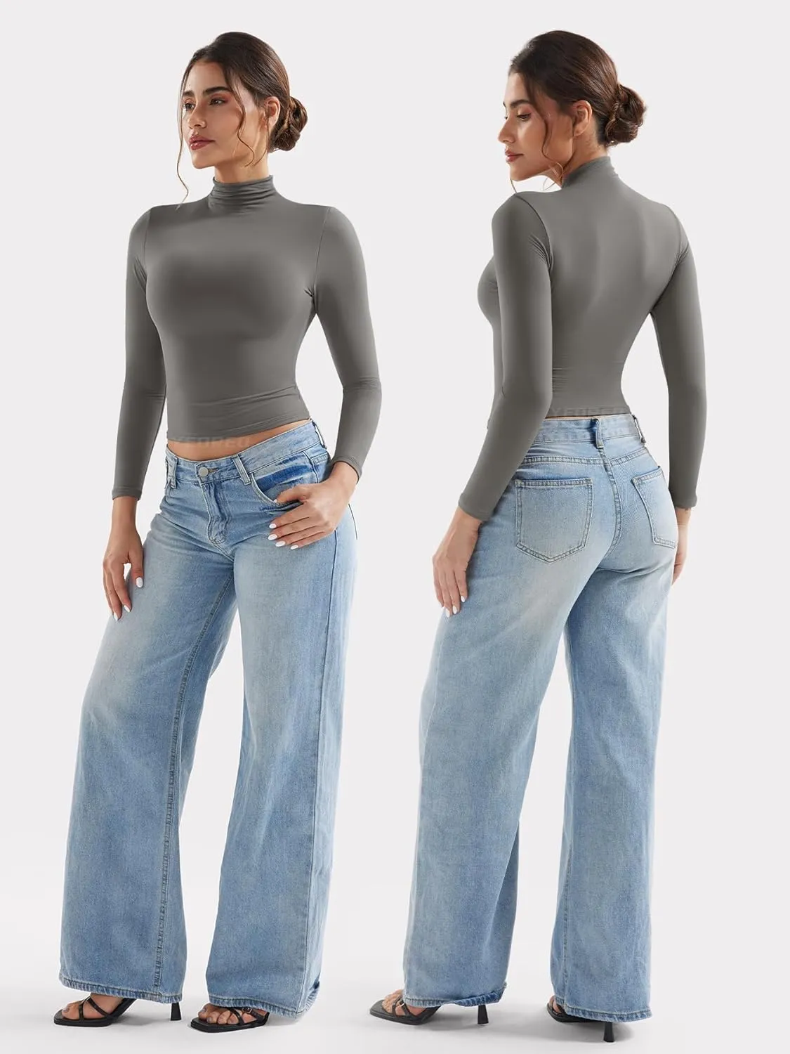 YEOREO Long Sleeve Workout Crop Mock Thermal Turtle Neck Double Lined Base Tops Shirts Women Sariah Y2k Undershirt