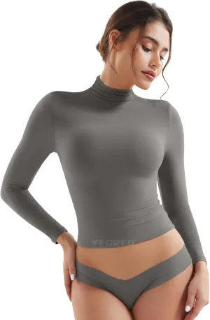YEOREO Long Sleeve Workout Crop Mock Thermal Turtle Neck Double Lined Base Tops Shirts Women Sariah Y2k Undershirt