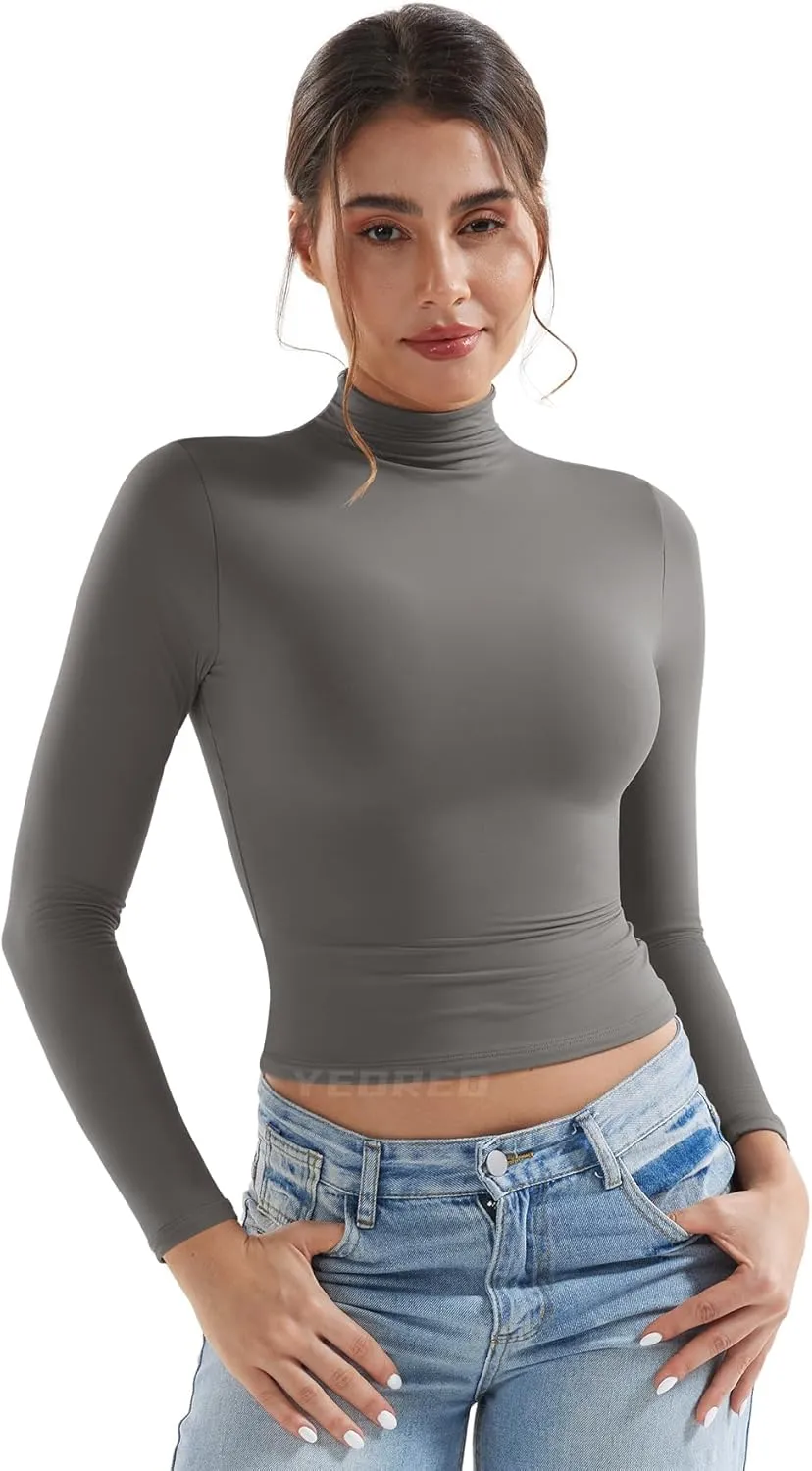 YEOREO Long Sleeve Workout Crop Mock Thermal Turtle Neck Double Lined Base Tops Shirts Women Sariah Y2k Undershirt