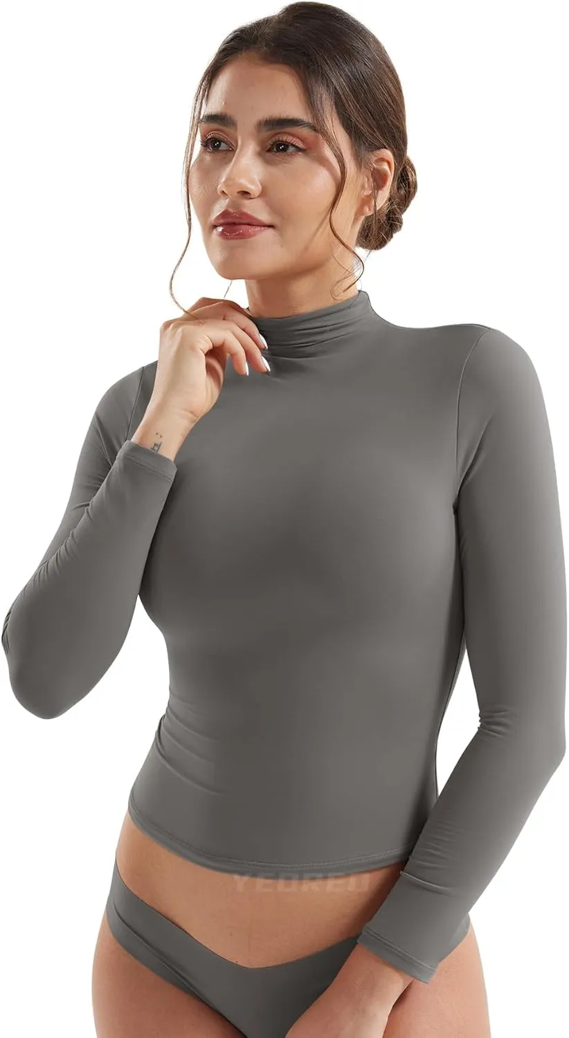 YEOREO Long Sleeve Workout Crop Mock Thermal Turtle Neck Double Lined Base Tops Shirts Women Sariah Y2k Undershirt