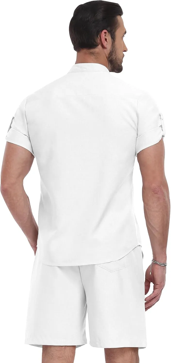 YTD Men's 2 Pieces Set Short Sleeve Henley Shirts and Shorts Texture Summer Beach Vacation Outfits