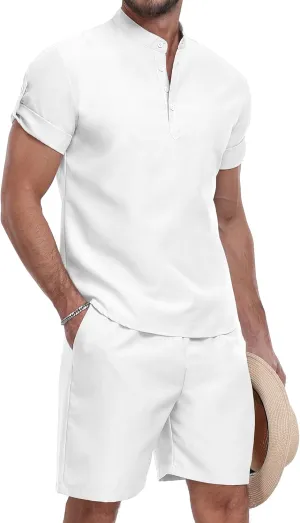 YTD Men's 2 Pieces Set Short Sleeve Henley Shirts and Shorts Texture Summer Beach Vacation Outfits