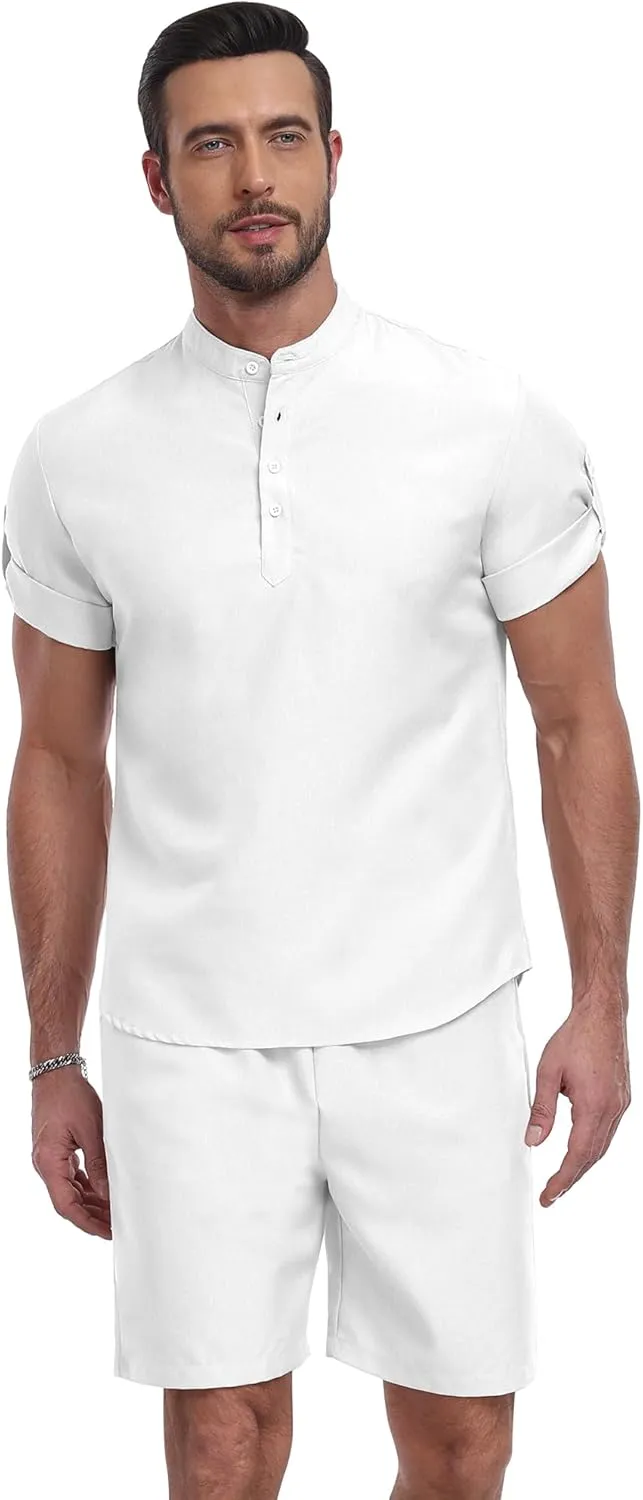 YTD Men's 2 Pieces Set Short Sleeve Henley Shirts and Shorts Texture Summer Beach Vacation Outfits