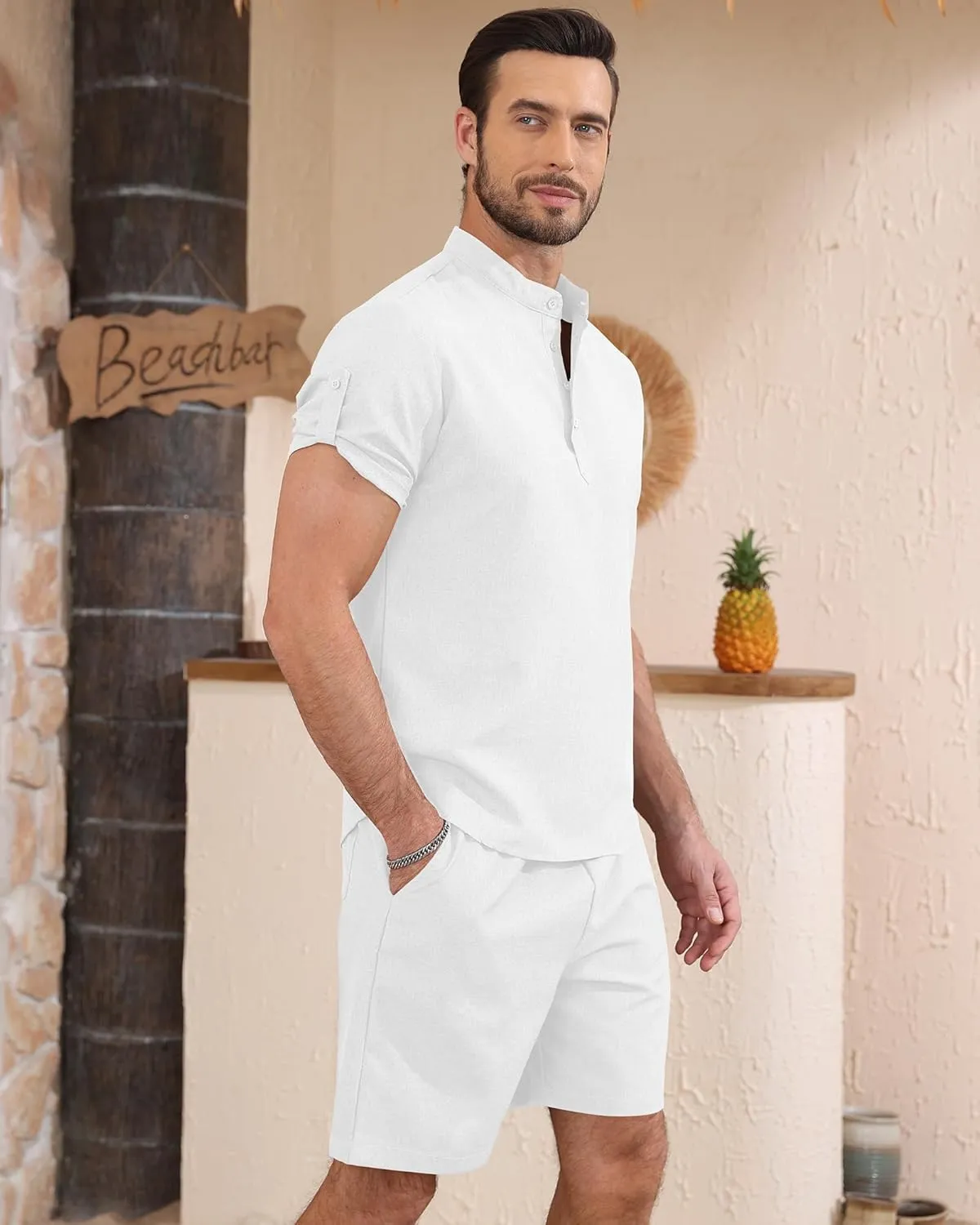 YTD Men's 2 Pieces Set Short Sleeve Henley Shirts and Shorts Texture Summer Beach Vacation Outfits